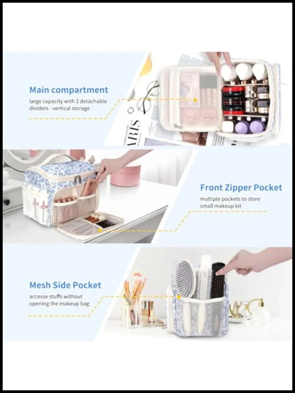 Large Vertical Makeup Bag with Brush Compartment, Quilted Toiletry Case with